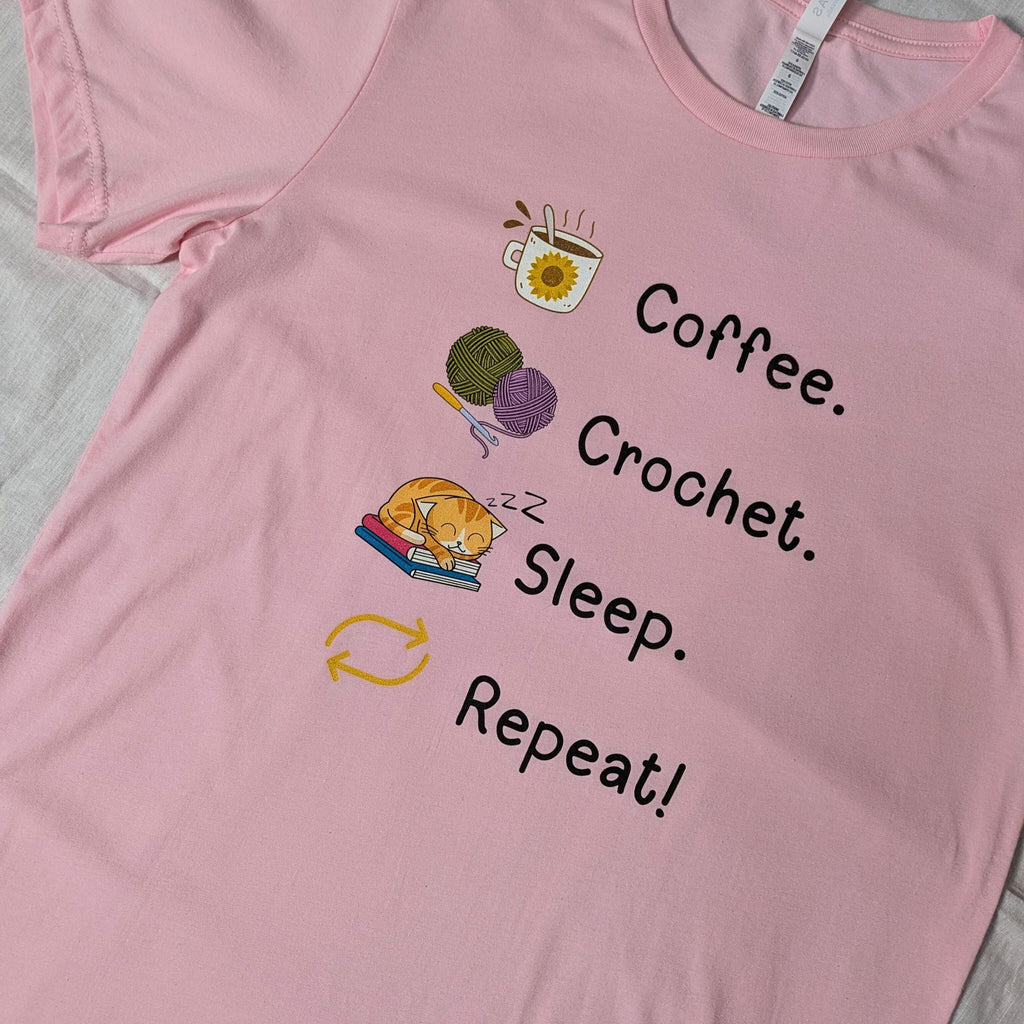 Coffee. Crochet. Sleep. Repeat! Colourful Relaxed Fit T-shirt by Brunaticality