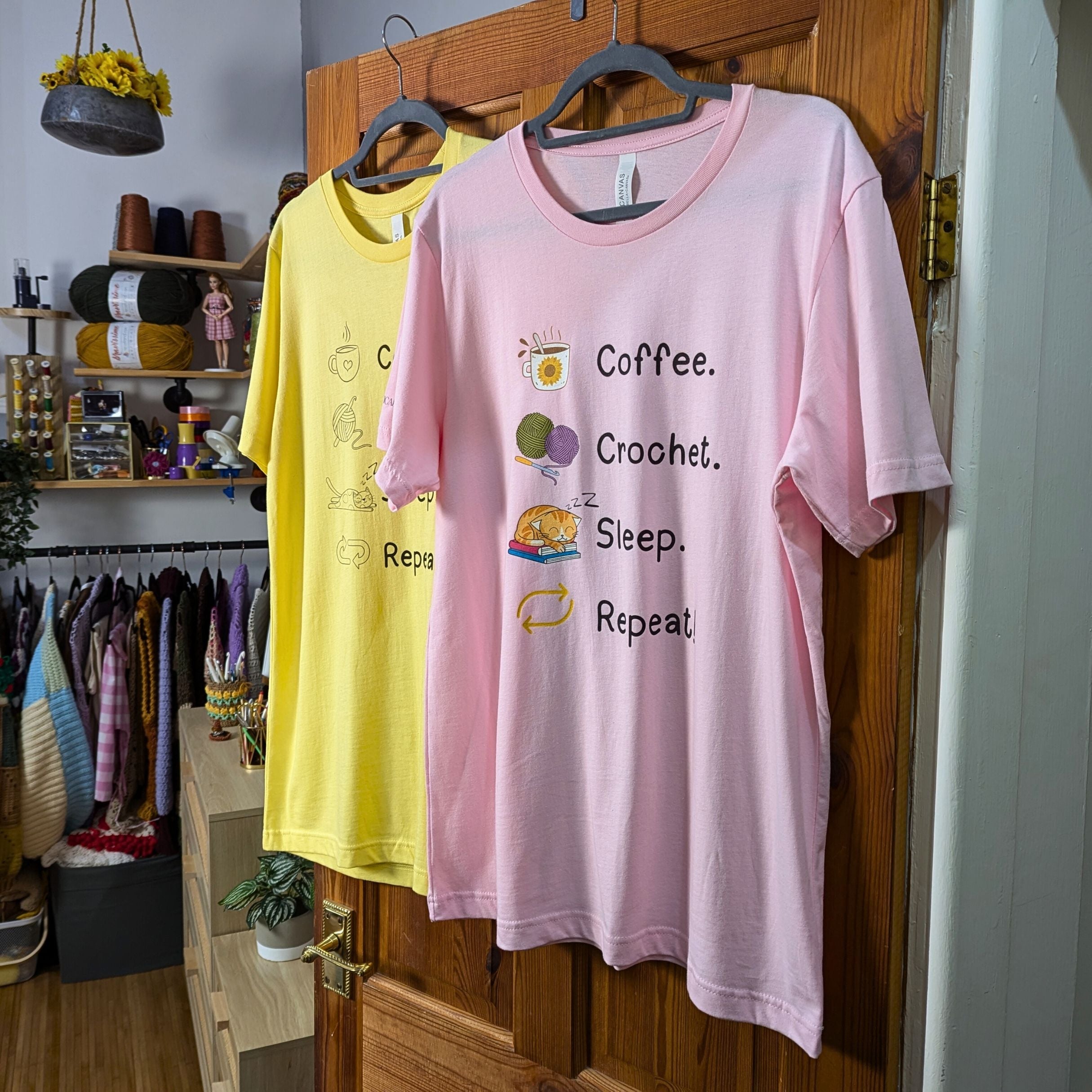Coffee. Crochet. Sleep. Repeat! Colourful Relaxed Fit T-shirt by Brunaticality