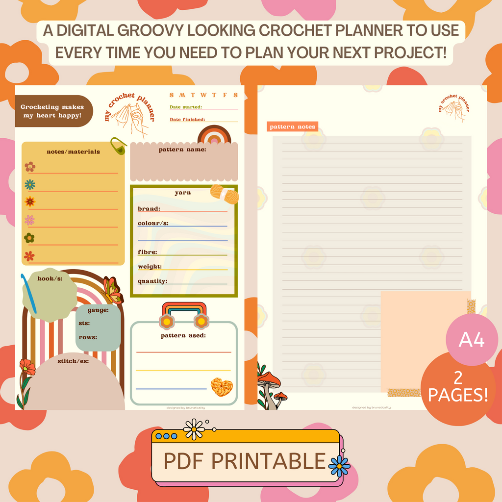 Groovy Printable Crochet Project Planner - Crochet Planner - Digital Crochet Planner - Crochet