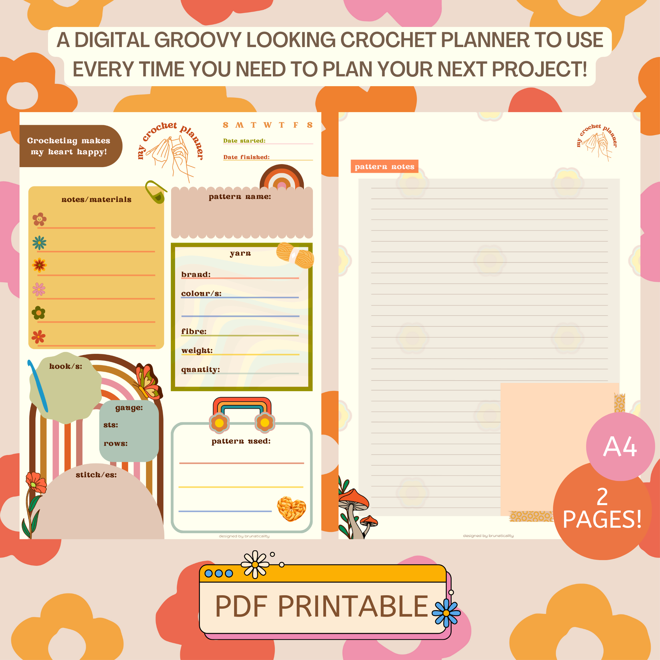 Groovy Printable Crochet Project Planner - Crochet Planner - Digital Crochet Planner - Crochet