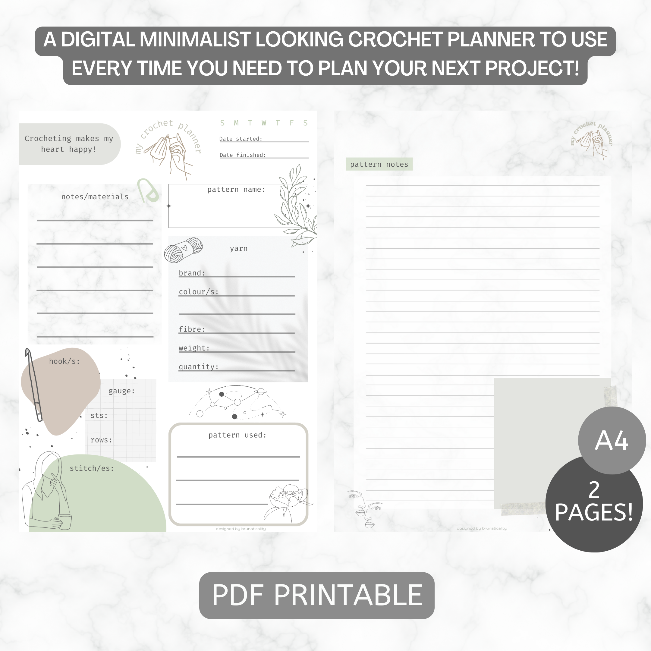 Minimalist Printable Crochet Project Planner - Crochet Planner - Digital Crochet Planner - Crochet