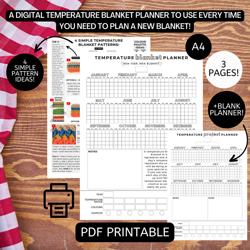Crochet/Knitting Temperature Blanket Planner & 4 Simple CROCHET Pattern Ideas, Temperature Blanket Planner, Digital Crochet Planner, Crochet