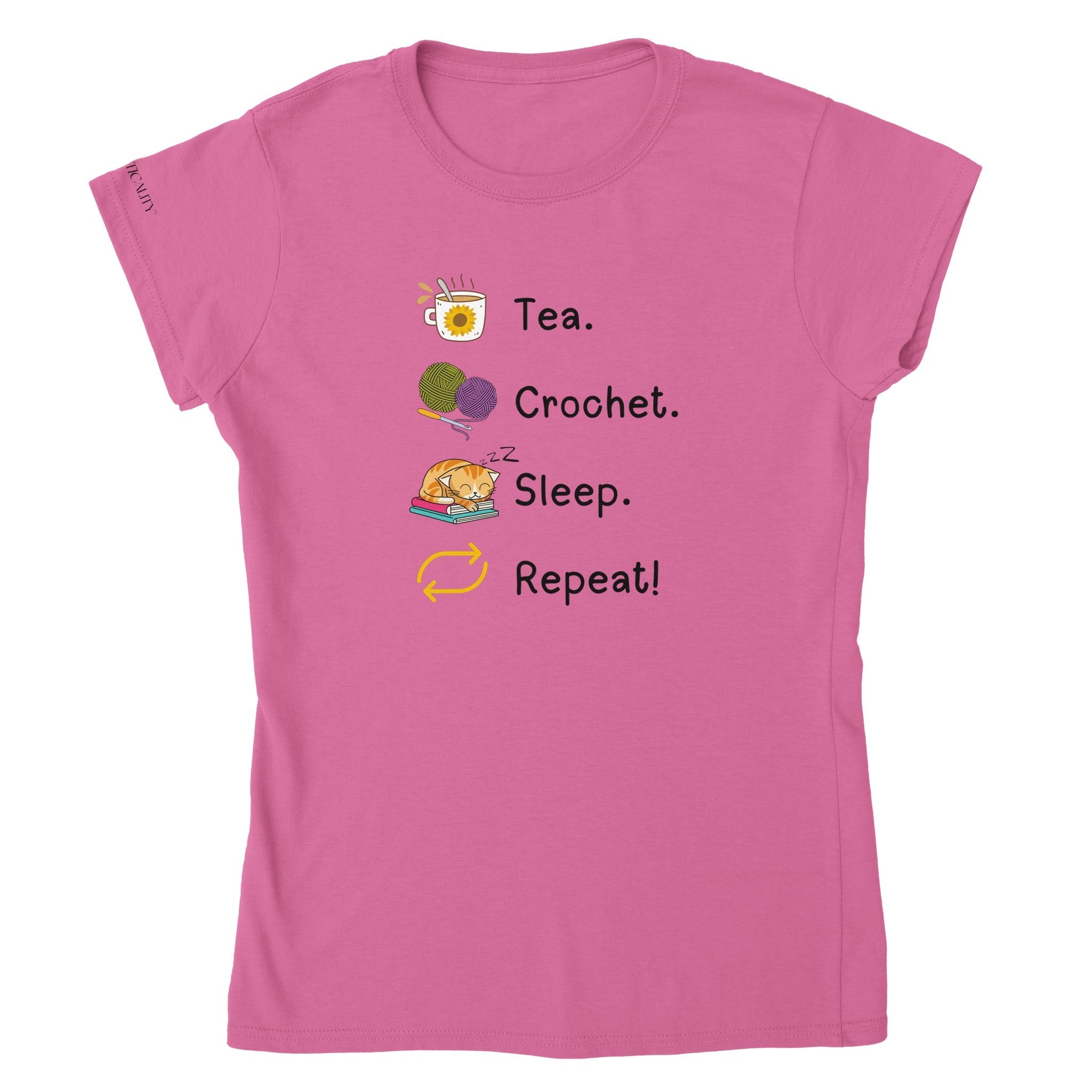 Tea. Crochet. Sleep. Repeat! Colourful Fitted T-shirt by Brunaticality
