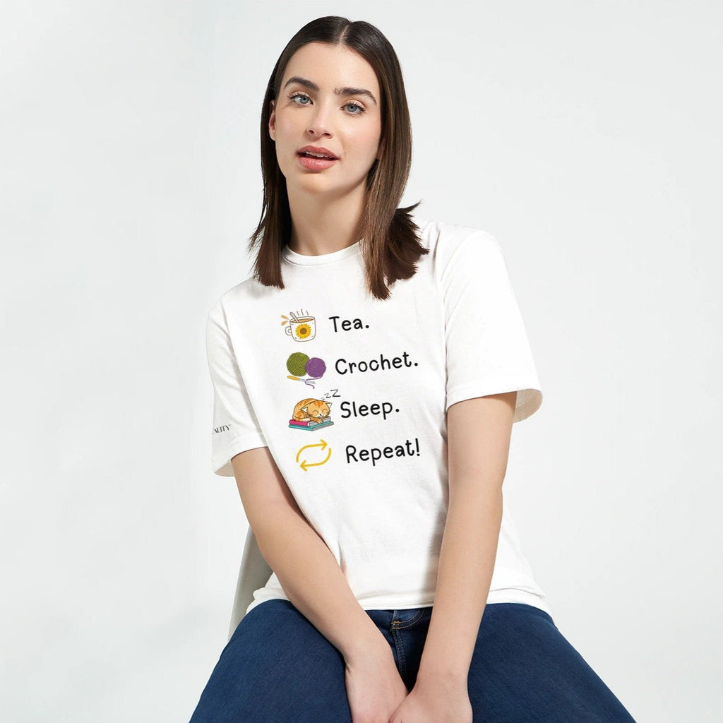 Tea. Crochet. Sleep. Repeat! Colourful Fitted T-shirt by Brunaticality