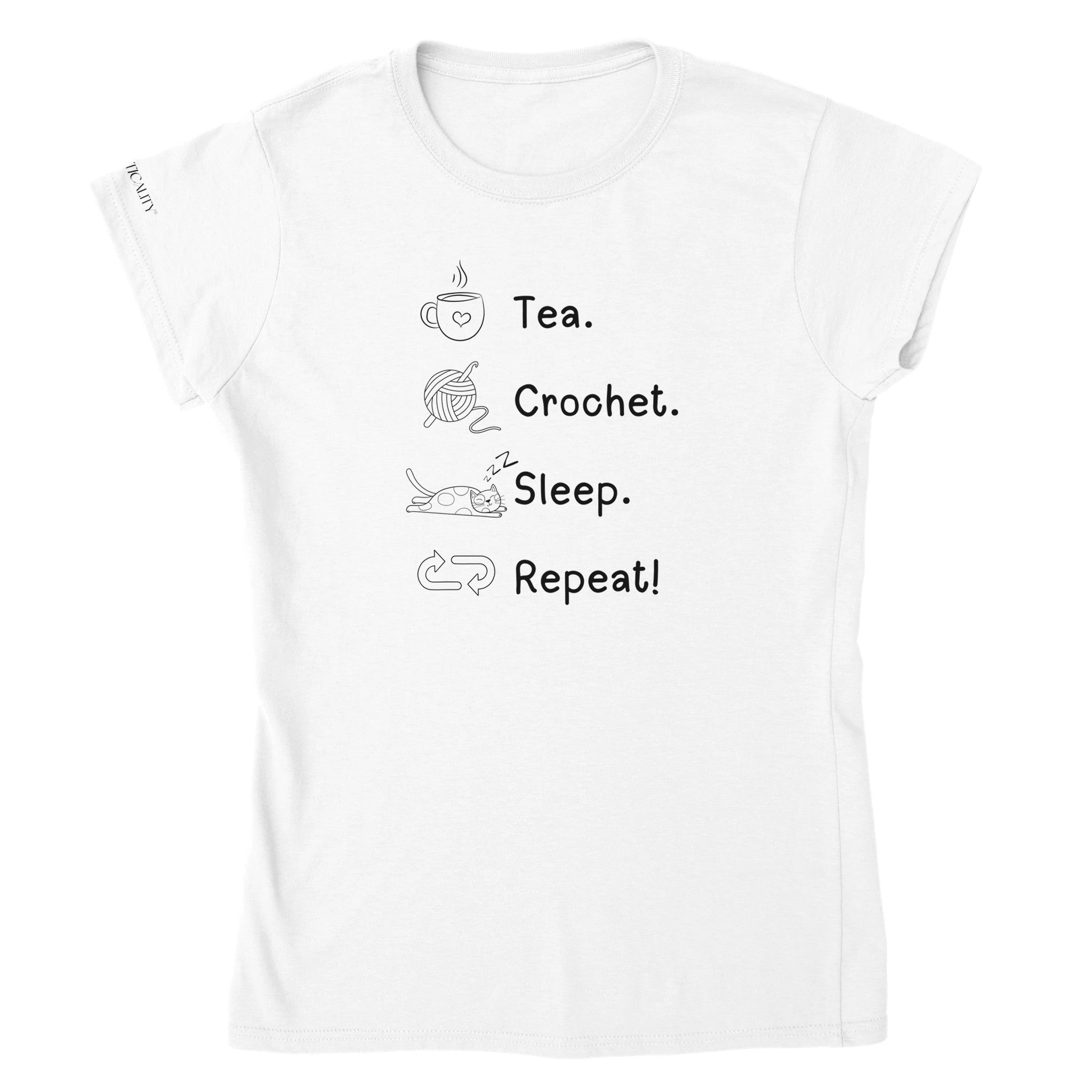 Tea. Crochet. Sleep. Repeat! Colourful Fitted T-shirt by Brunaticality
