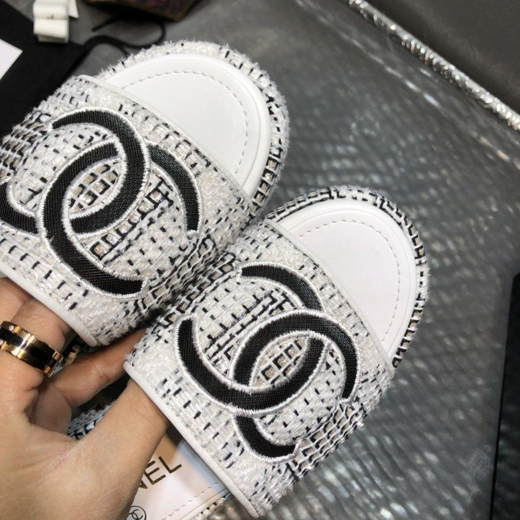 Chanel white Tweed sandals
