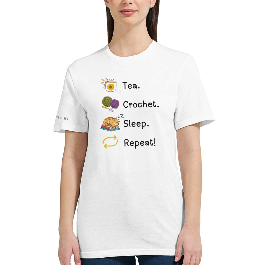 Tea. Crochet. Sleep. Repeat! Colourful Fitted T-shirt by Brunaticality