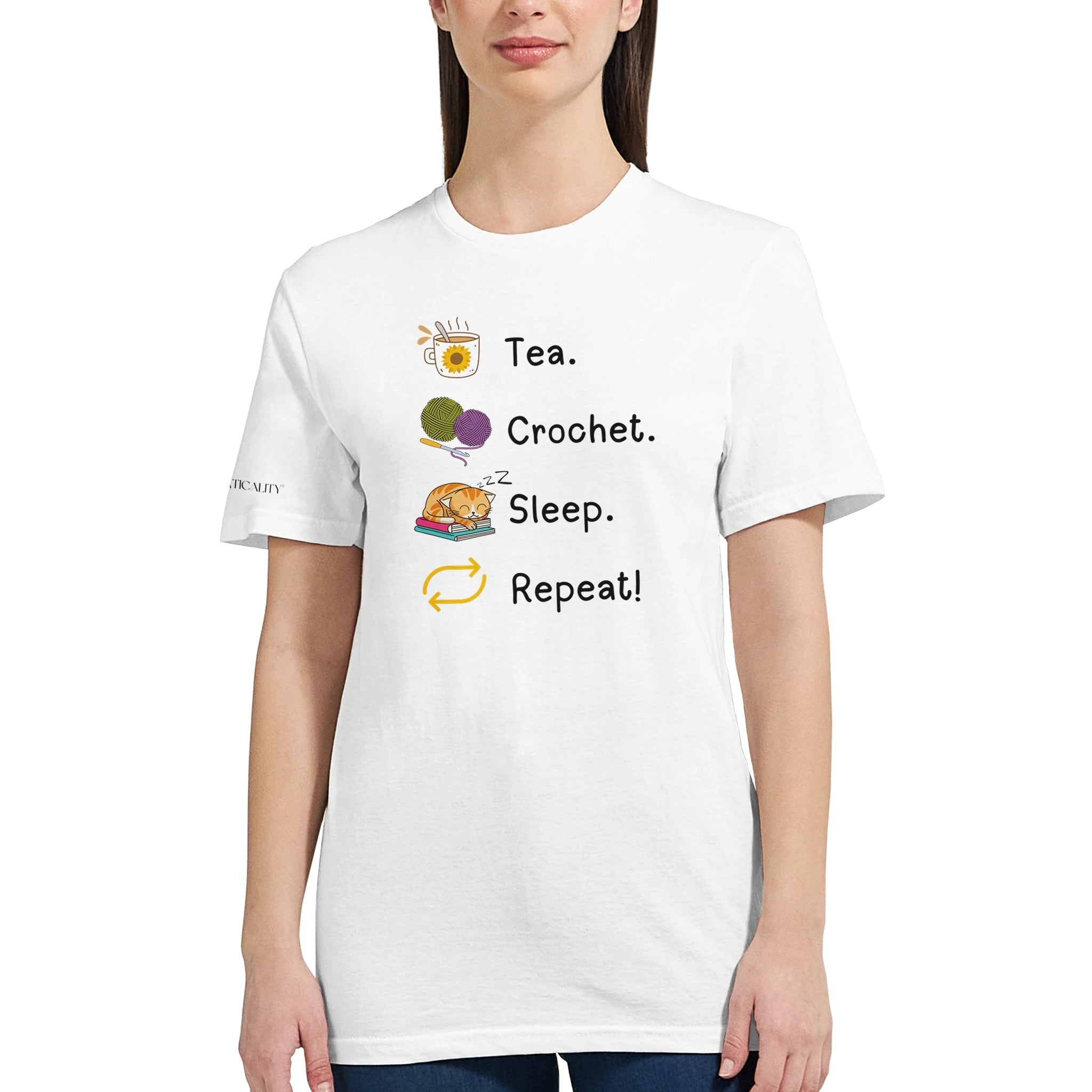 Tea. Crochet. Sleep. Repeat! Colourful Fitted T-shirt by Brunaticality