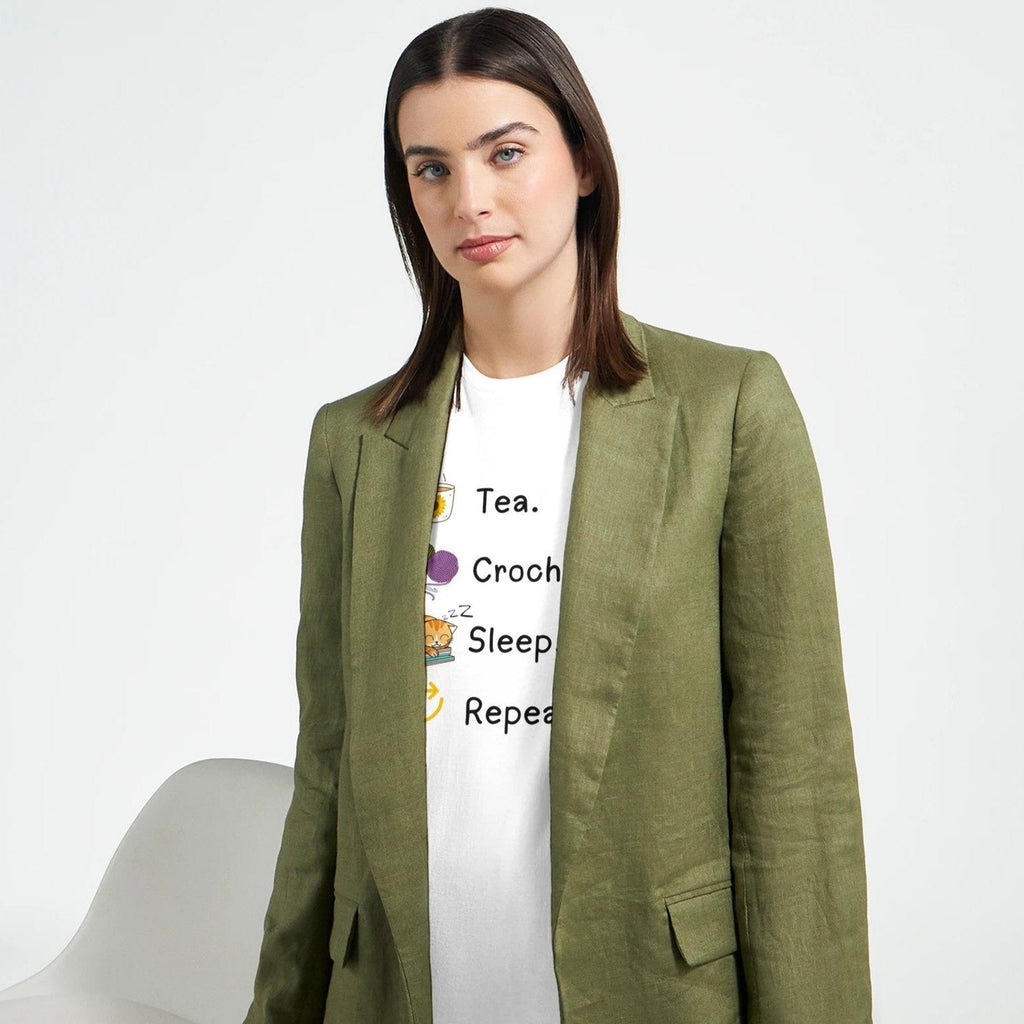 Tea. Crochet. Sleep. Repeat! Colourful Fitted T-shirt by Brunaticality