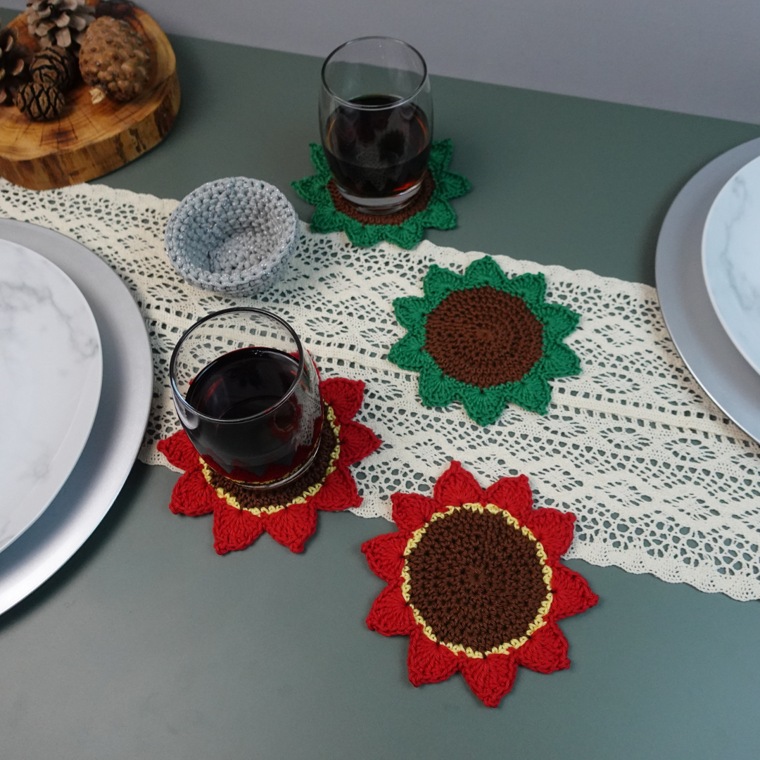 Crochet Poinsettia Flower Pot Coaster Set Written Pattern, Brunaticality