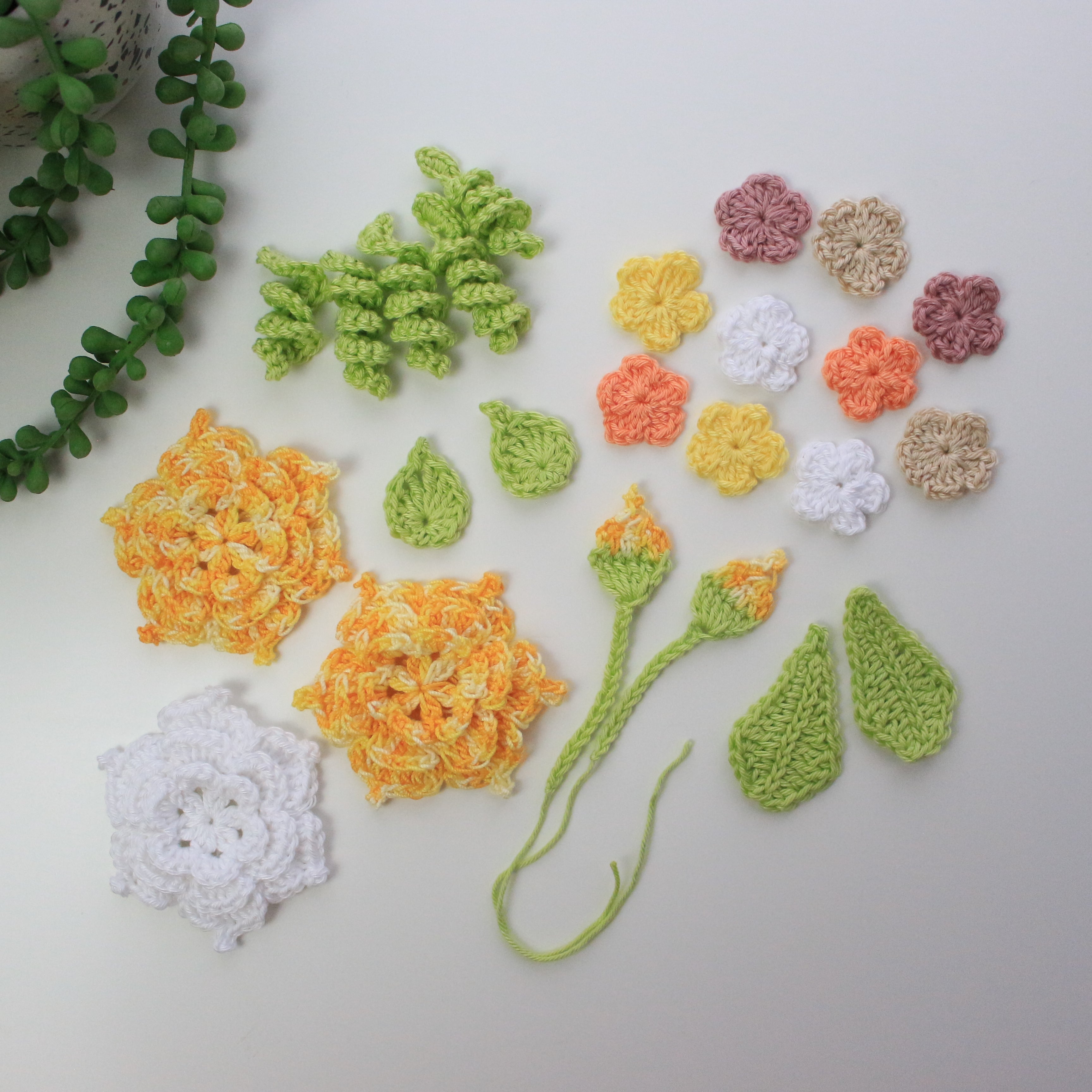 Flowers and Leaves Crochet Pattern - 3 flowers & 3 leaves, crochet flowers and leaves pattern, crochet flowers, crochet leaves