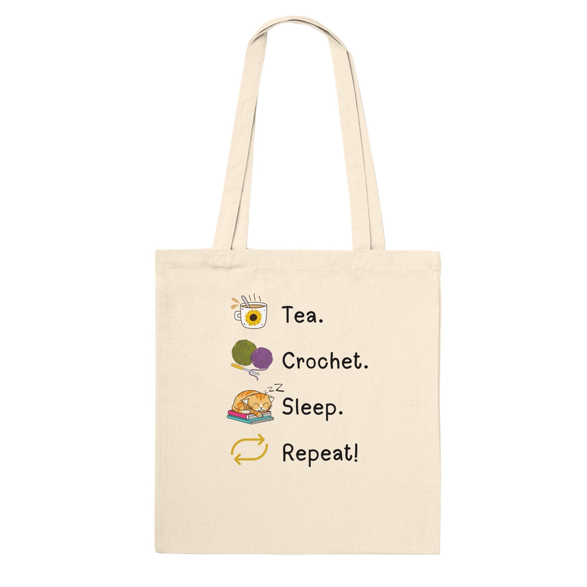 Tea. Crochet. Sleep. Repeat! Tote Bag by Brunaticality