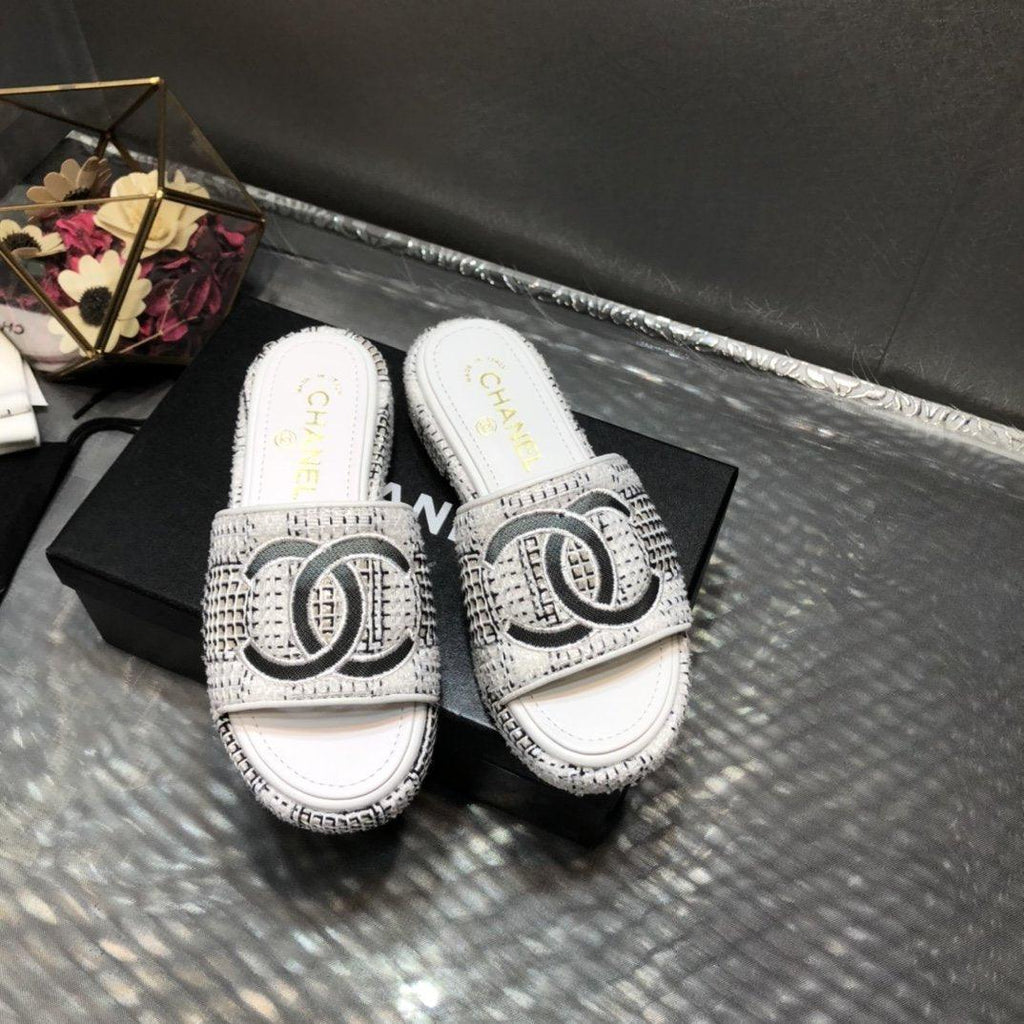 Chanel white Tweed sandals