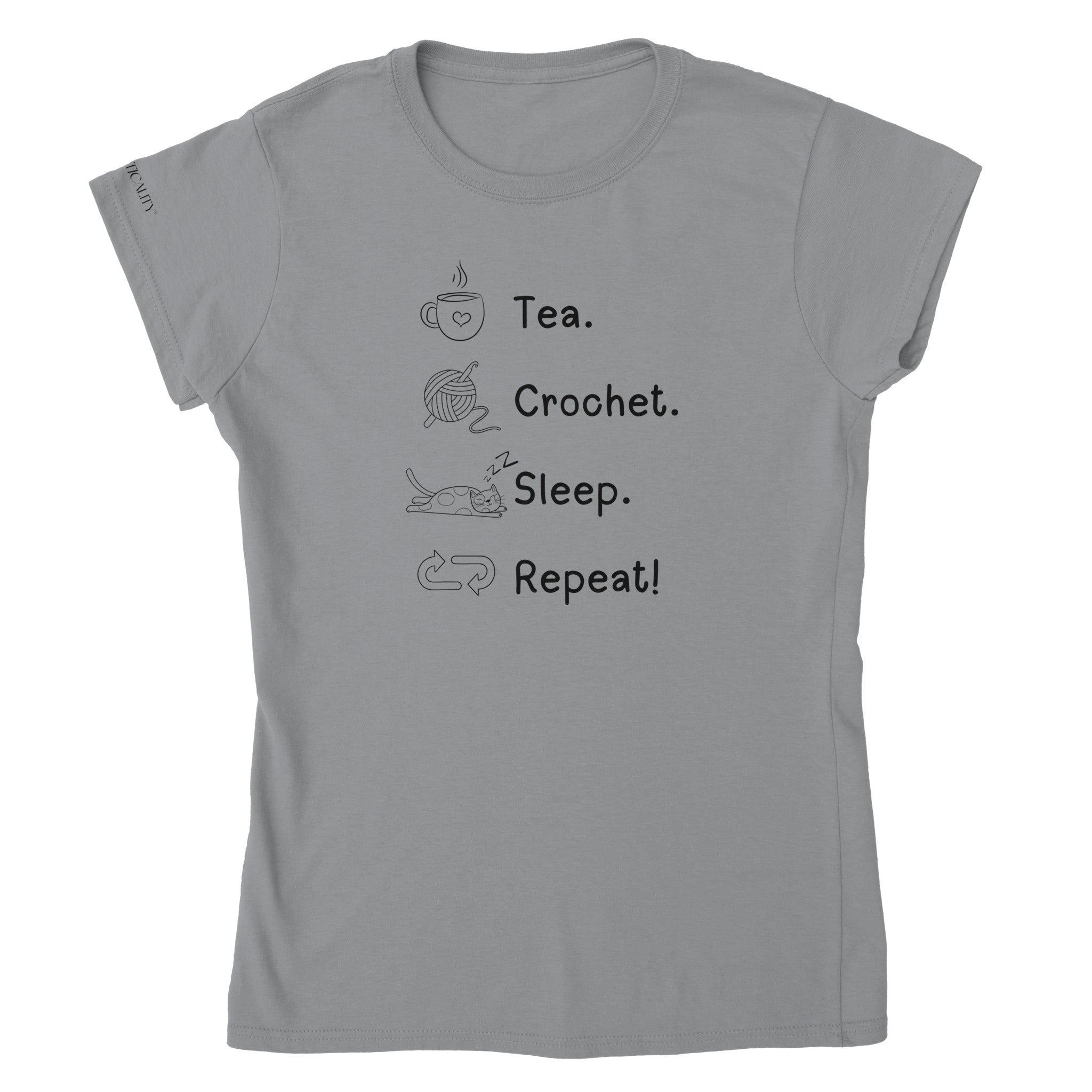 Tea. Crochet. Sleep. Repeat! Colourful Fitted T-shirt by Brunaticality